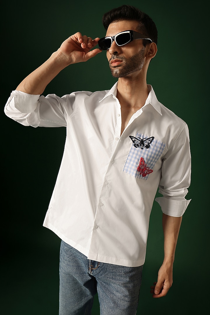 White Poplin & Cotton Hand Embroidered Party Wear Shirt by Komal Kothari at Pernia's Pop Up Shop
