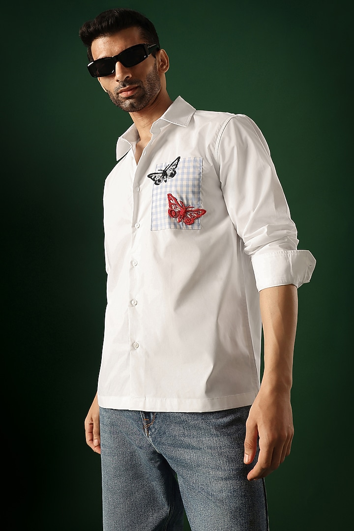 White Poplin & Cotton Hand Embroidered Party Wear Shirt by Komal Kothari at Pernia's Pop Up Shop