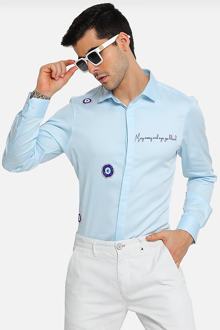 Powder Blue Cotton Embellished Shirt by Komal Kothari