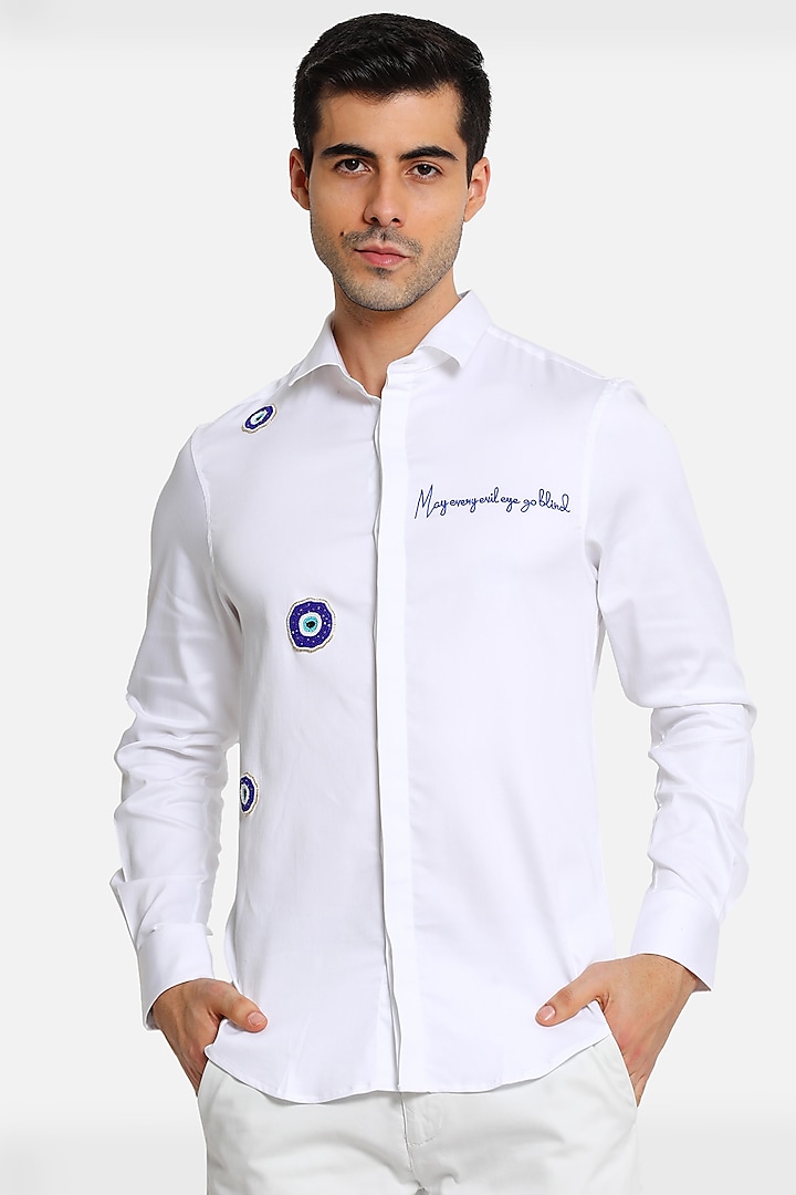 White Cotton Embellished Shirt by Komal Kothari