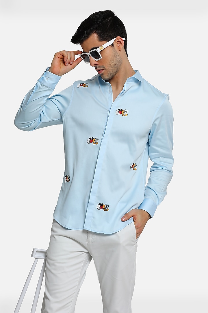 Powder Blue Cotton Motif Embellished Shirt by Komal Kothari