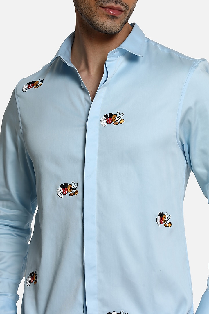 Powder Blue Cotton Motif Embellished Party Wear Shirt by Komal Kothari at Pernia's Pop Up Shop