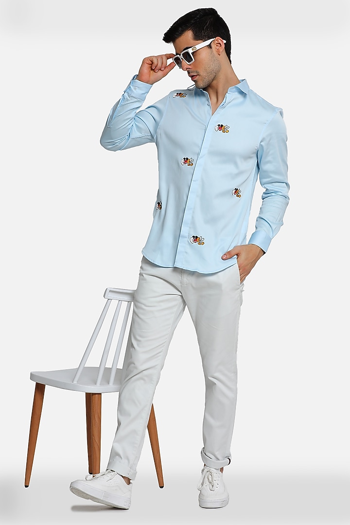 Powder Blue Cotton Motif Embellished Party Wear Shirt by Komal Kothari at Pernia's Pop Up Shop