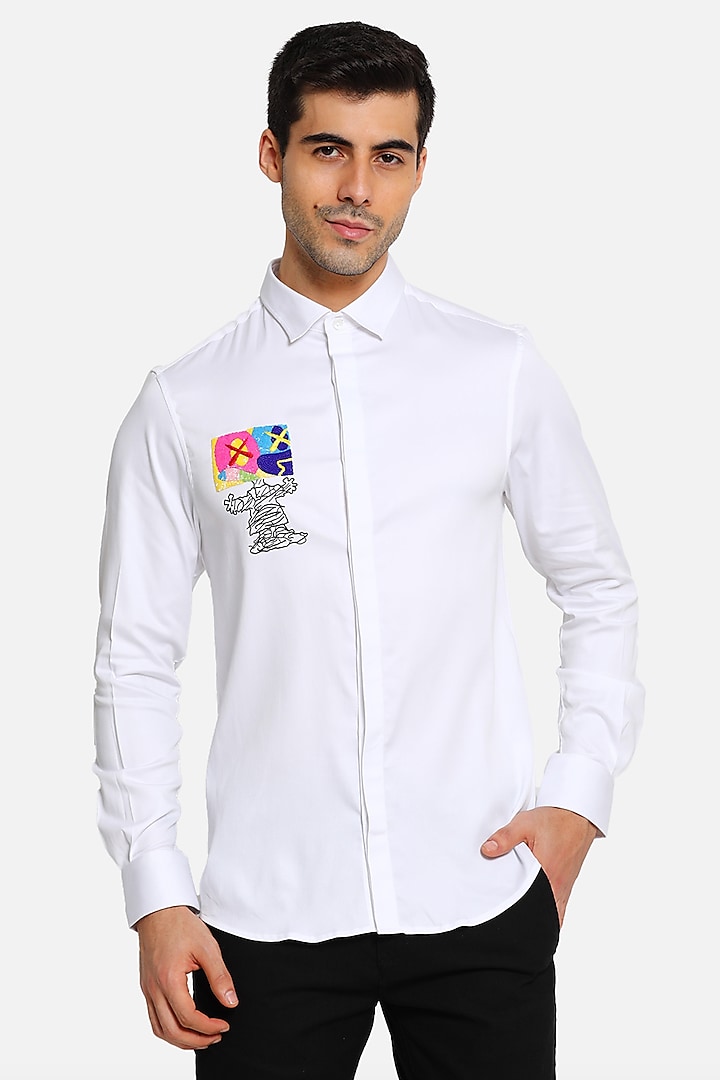 White Cotton Motif Embellished Shirt by Komal Kothari