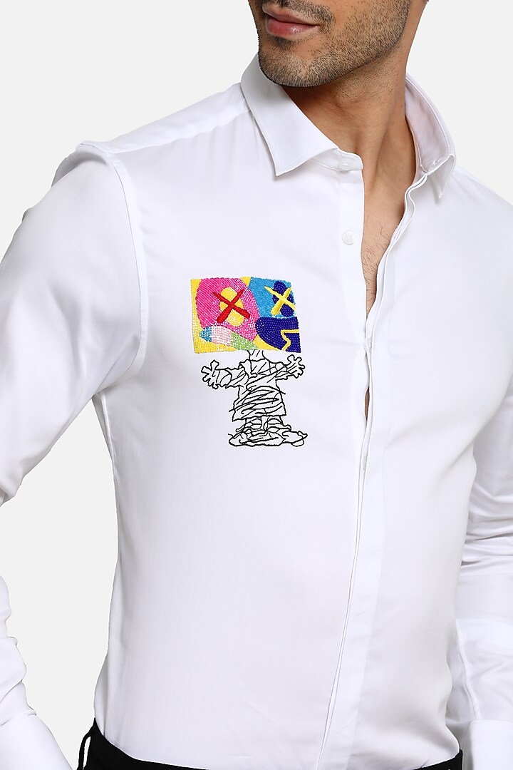 White Cotton Motif Embellished Summer Shirt by Komal Kothari at Pernia's Pop Up Shop