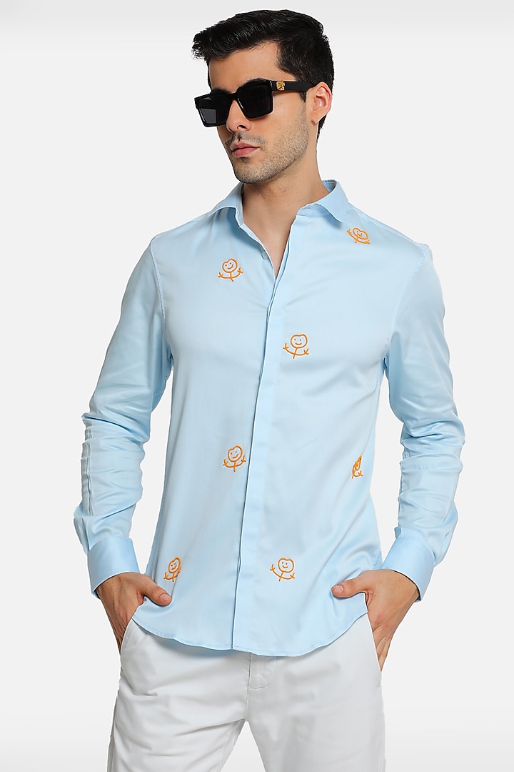Blue Cotton Summer Shirt With Embellishments by Komal Kothari at Pernia's Pop Up Shop