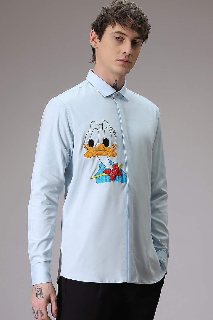 Powder Blue Cotton Satin Donald Duck Hand Embroidered Shirt by Komal Kothari