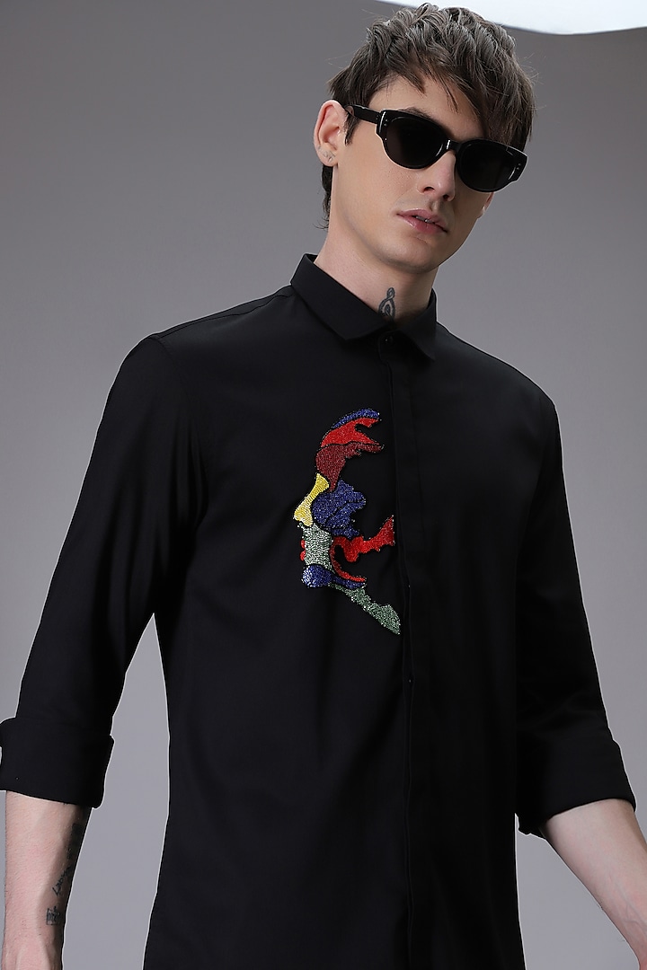 Black Cotton Satin Abstract Face Hand Embroidered Shirt by Komal Kothari