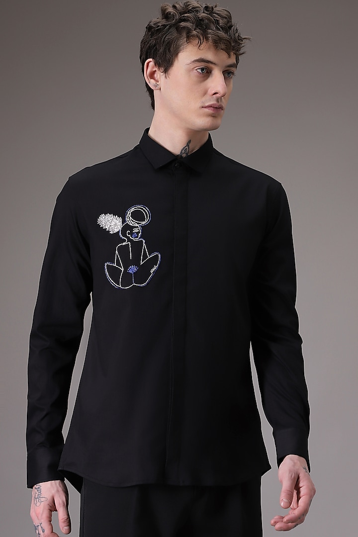 Black Cotton Satin Hand Embroidered Shirt by Komal Kothari