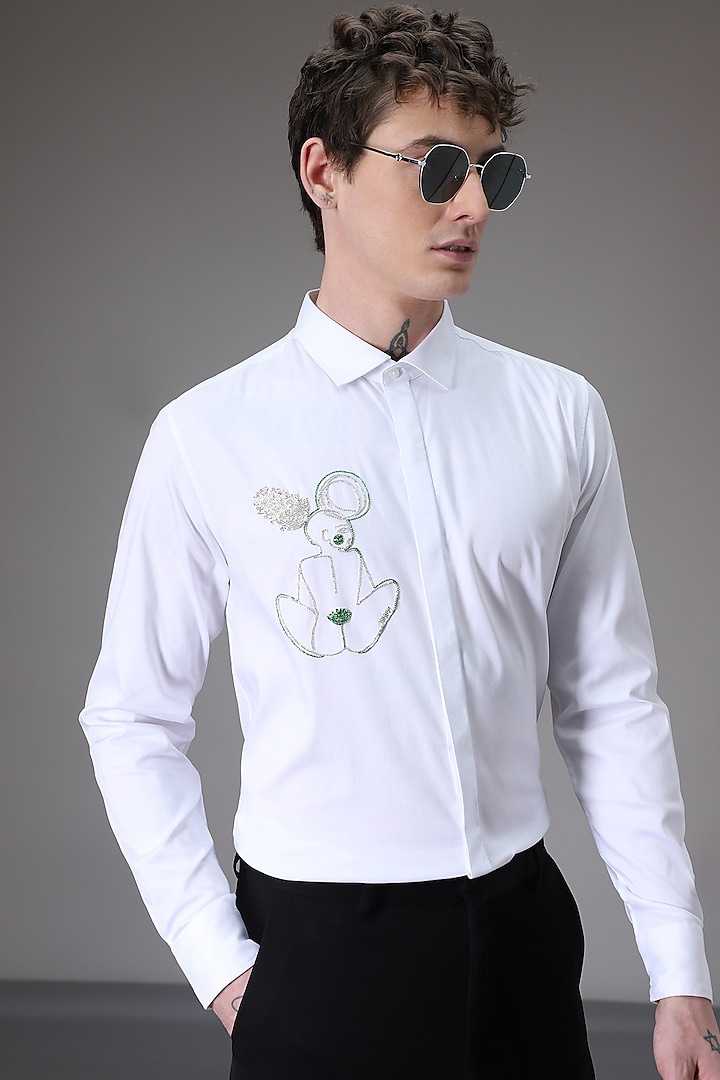 White Cotton Satin Hand Embroidered Shirt by Komal Kothari