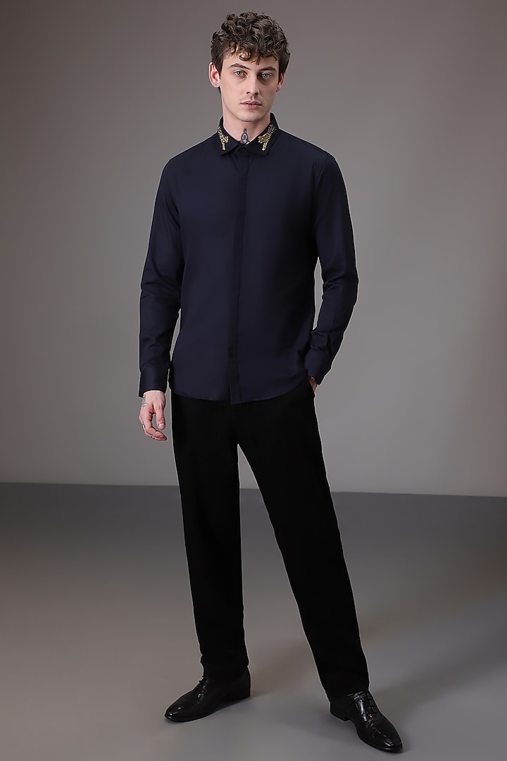 Navy Cotton Satin Hand Embroidered Party Wear Shirt by Komal Kothari at Pernia's Pop Up Shop
