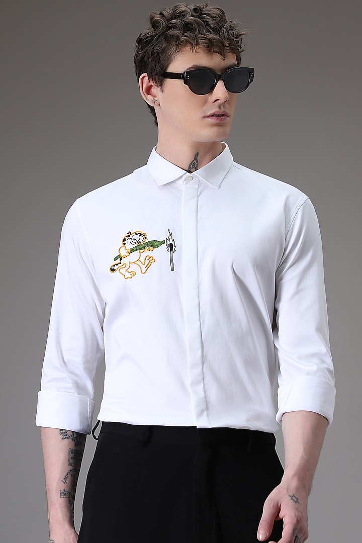 White Cotton Satin Hand Embroidered Shirt by Komal Kothari