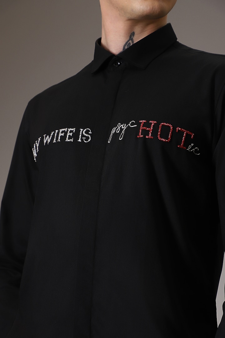 Black Cotton Satin Hand Embroidered Summer Shirt by Komal Kothari at Pernia's Pop Up Shop