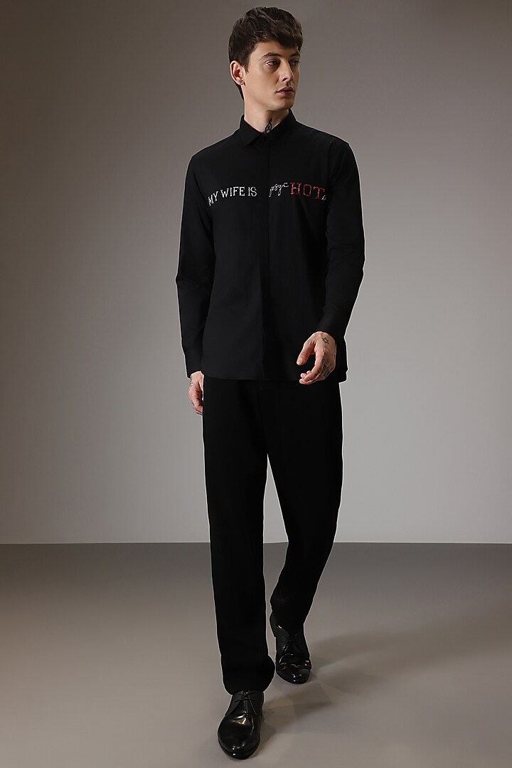 Black Cotton Satin Hand Embroidered Summer Shirt by Komal Kothari at Pernia's Pop Up Shop