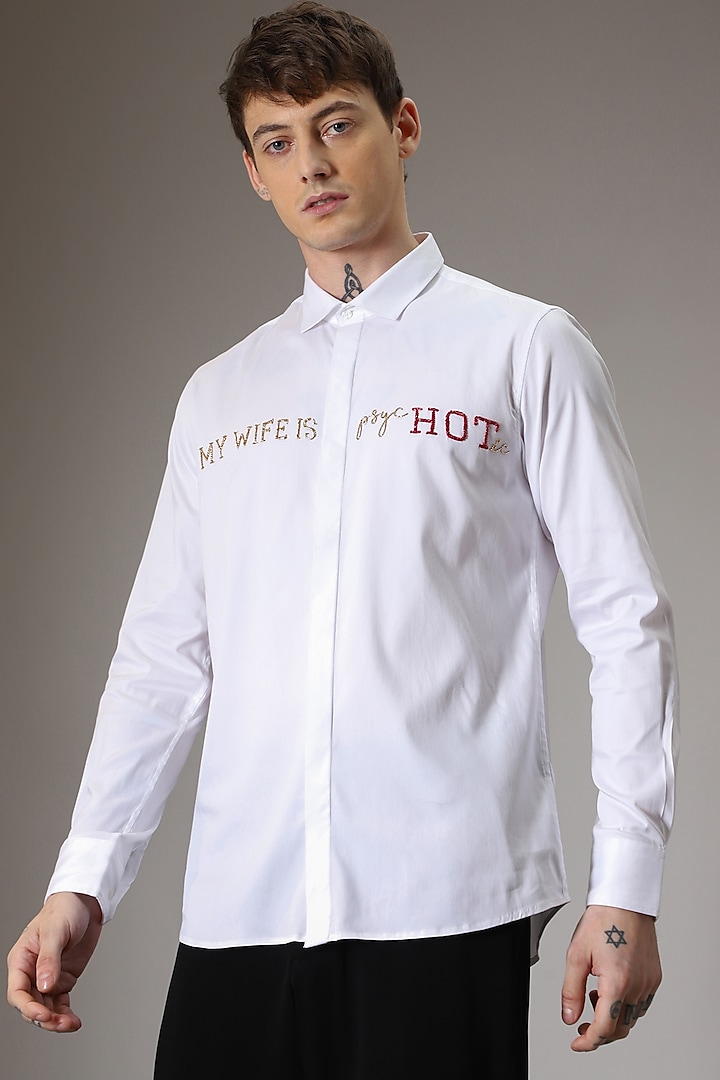 White Cotton Satin Hand Embroidered Shirt by Komal Kothari