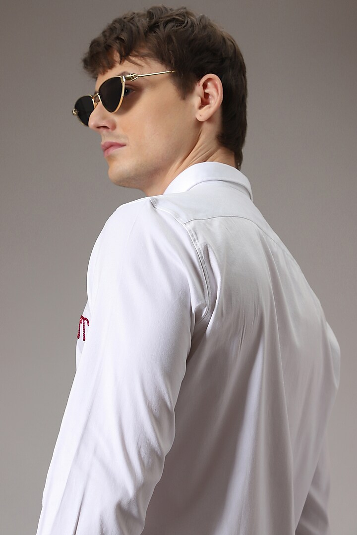 White Cotton Satin Hand Embroidered Summer Shirt by Komal Kothari at Pernia's Pop Up Shop