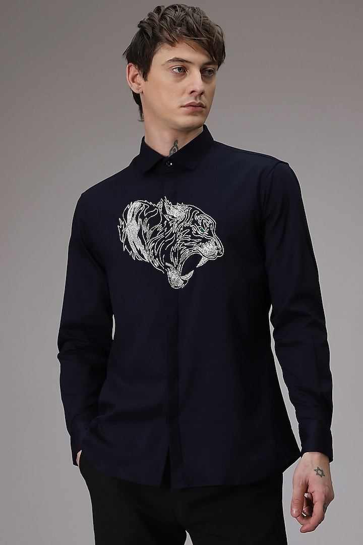 Navy Cotton Satin Tiger Hand Embroidered Shirt by Komal Kothari