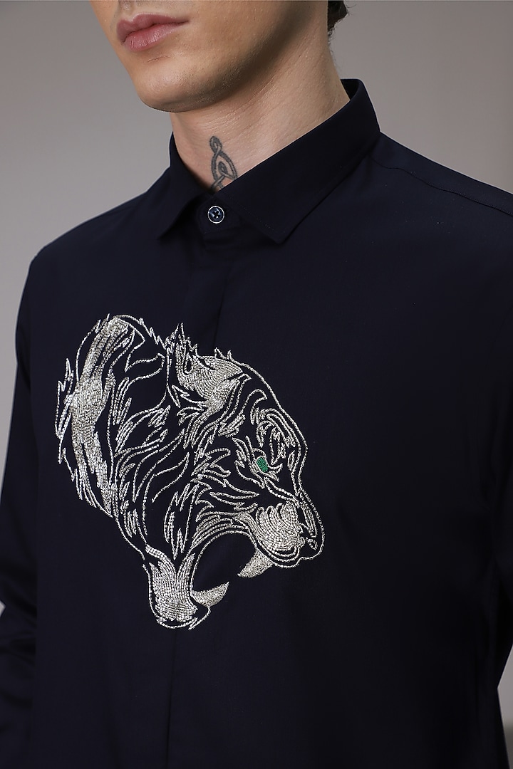 Navy Cotton Satin Tiger Hand Embroidered Party Wear Shirt by Komal Kothari at Pernia's Pop Up Shop