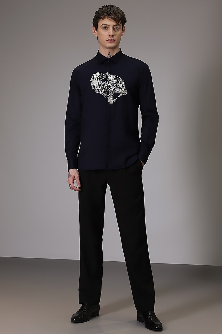 Navy Cotton Satin Tiger Hand Embroidered Party Wear Shirt by Komal Kothari at Pernia's Pop Up Shop