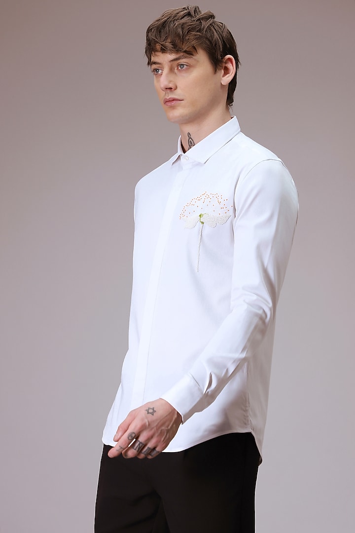 White Cotton Satin Floral Hand Embroidered Shirt by Komal Kothari