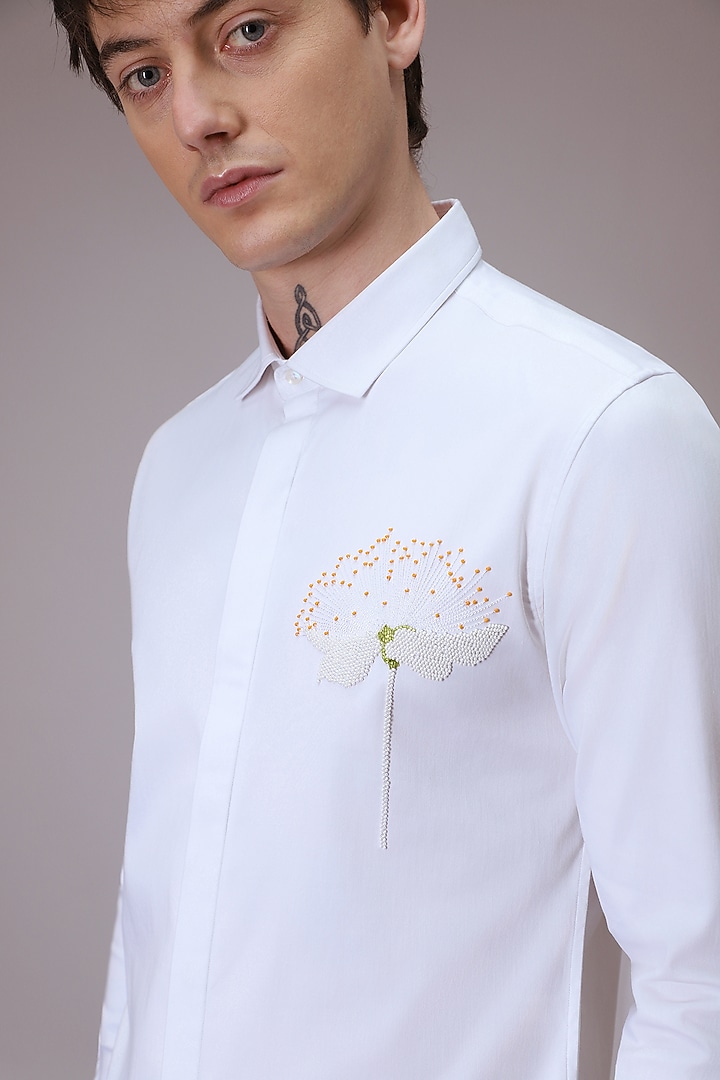 White Cotton Satin Floral Hand Embroidered Summer Shirt by Komal Kothari at Pernia's Pop Up Shop