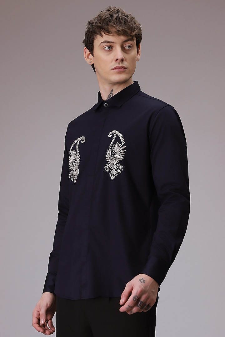 Navy Cotton Satin Hand Embroidered Shirt by Komal Kothari