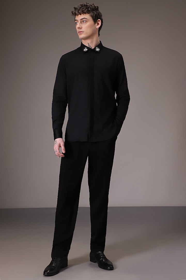 Black Cotton Satin Hand Embroidered Summer Shirt by Komal Kothari at Pernia's Pop Up Shop