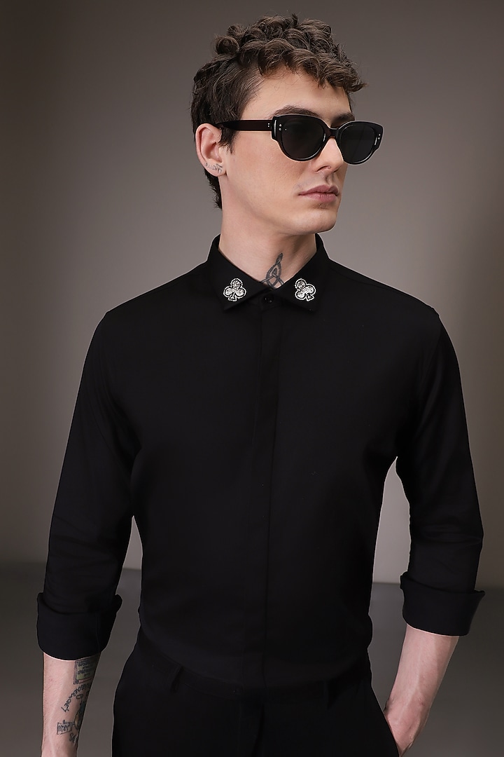 Black Cotton Satin Hand Embroidered Summer Shirt by Komal Kothari at Pernia's Pop Up Shop