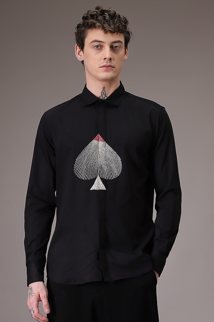 Black Cotton Satin Hand Embroidered Shirt by Komal Kothari