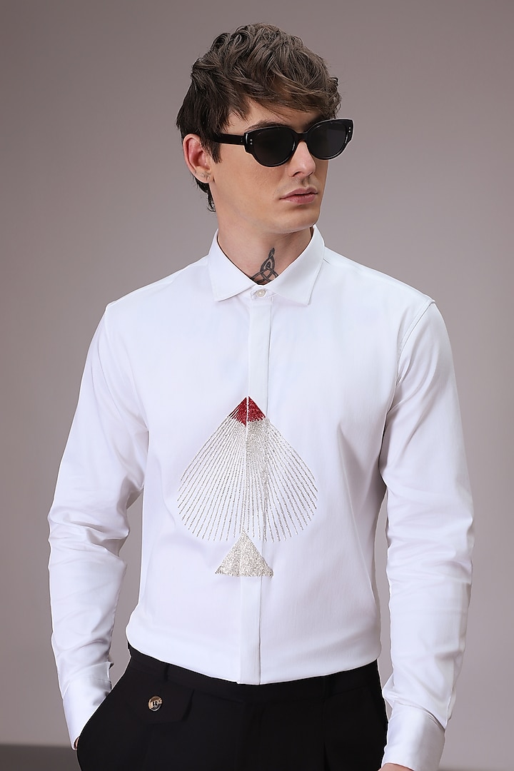 White Cotton Satin Hand Embroidered Shirt by Komal Kothari