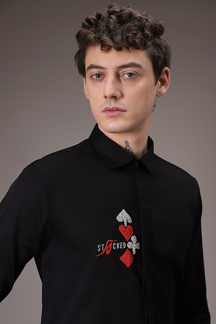 Black Cotton Satin Hand Embroidered Party Wear Shirt by Komal Kothari at Pernia's Pop Up Shop