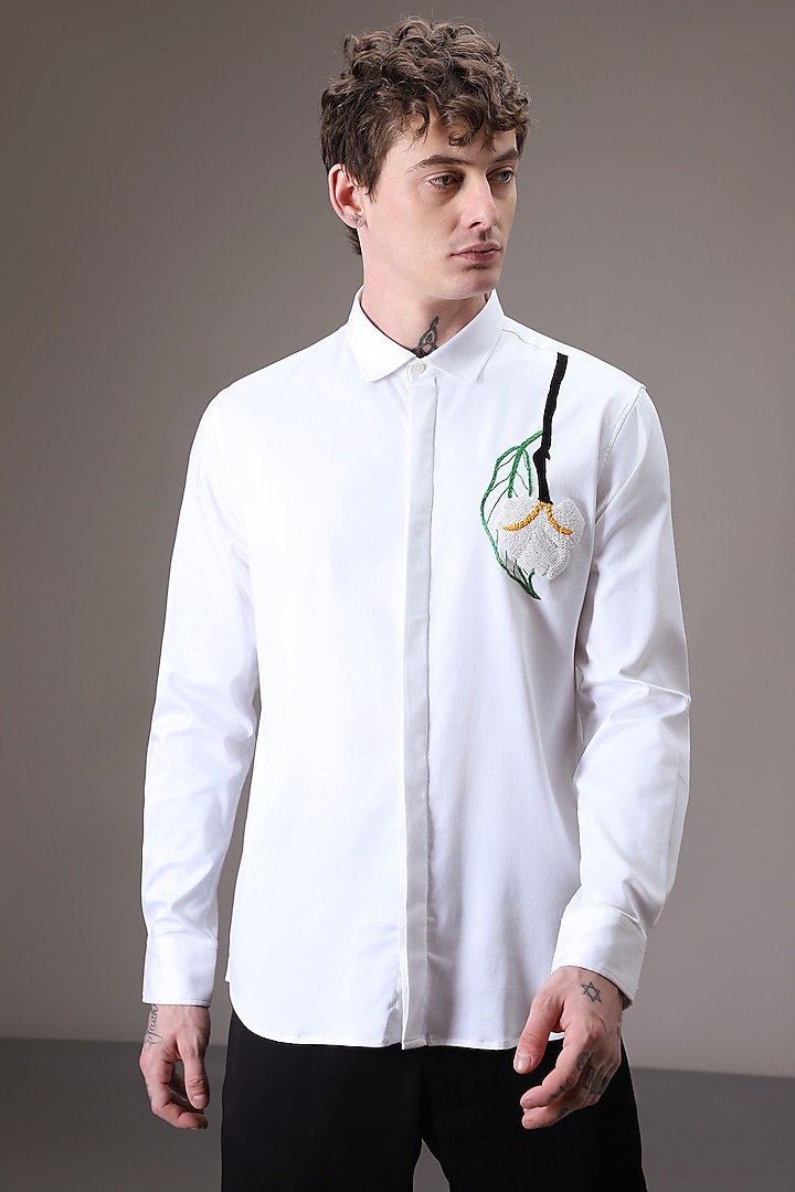 White Cotton Satin Hand Embroidered Shirt by Komal Kothari