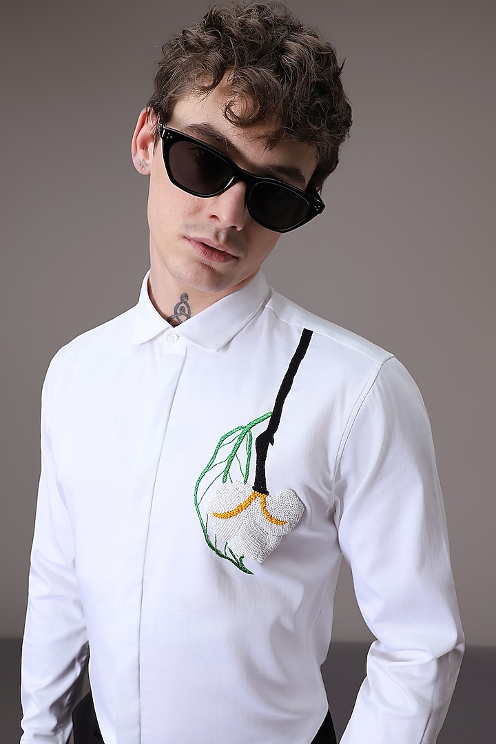 White Cotton Satin Hand Embroidered Party Wear Shirt by Komal Kothari at Pernia's Pop Up Shop