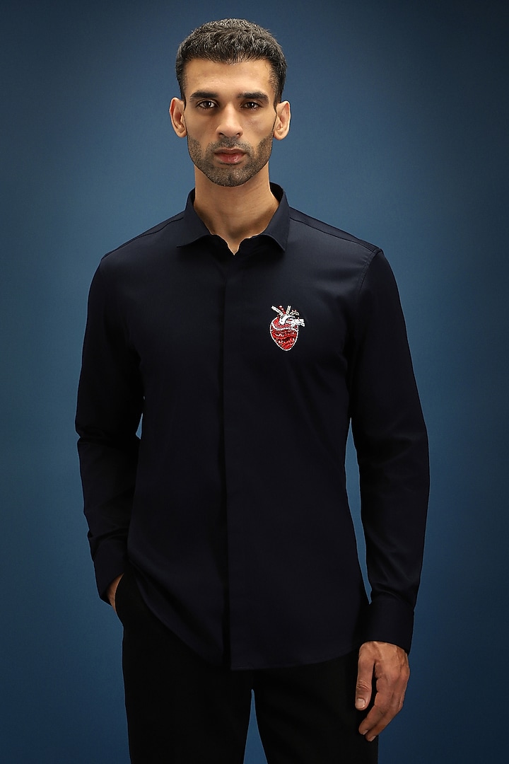 Navy Blue Cotton Hand Embroidered Party Wear Shirt by Komal Kothari at Pernia's Pop Up Shop