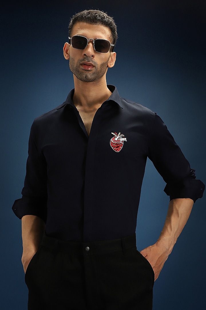 Navy Blue Cotton Hand Embroidered Party Wear Shirt by Komal Kothari at Pernia's Pop Up Shop