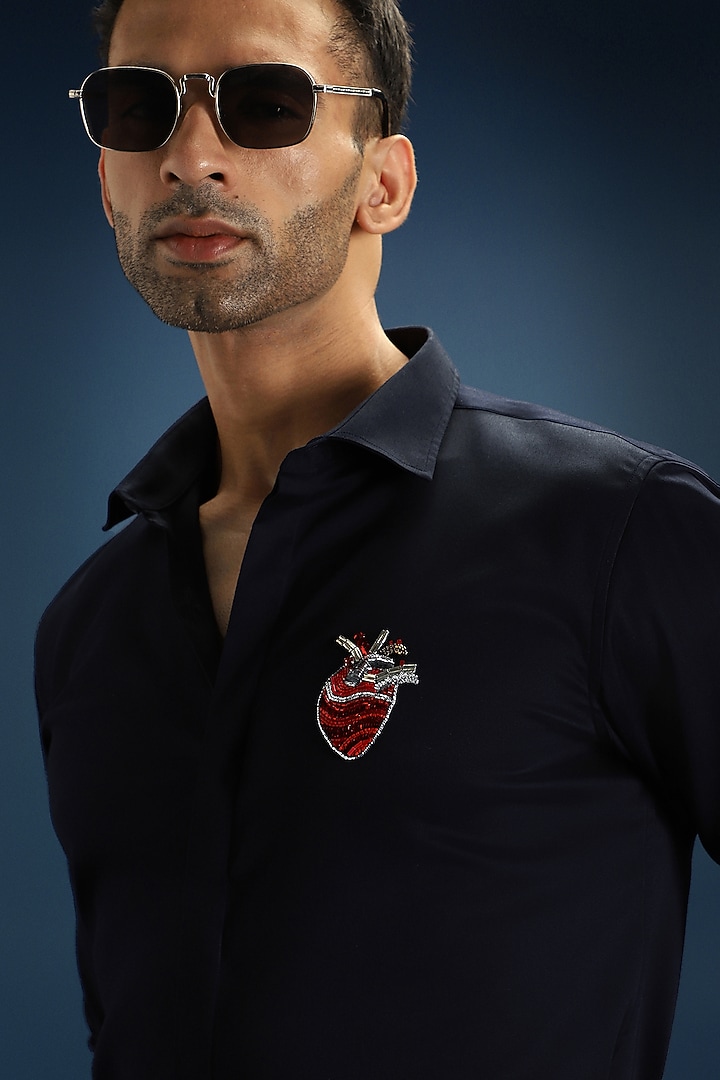 Navy Blue Cotton Hand Embroidered Party Wear Shirt by Komal Kothari at Pernia's Pop Up Shop