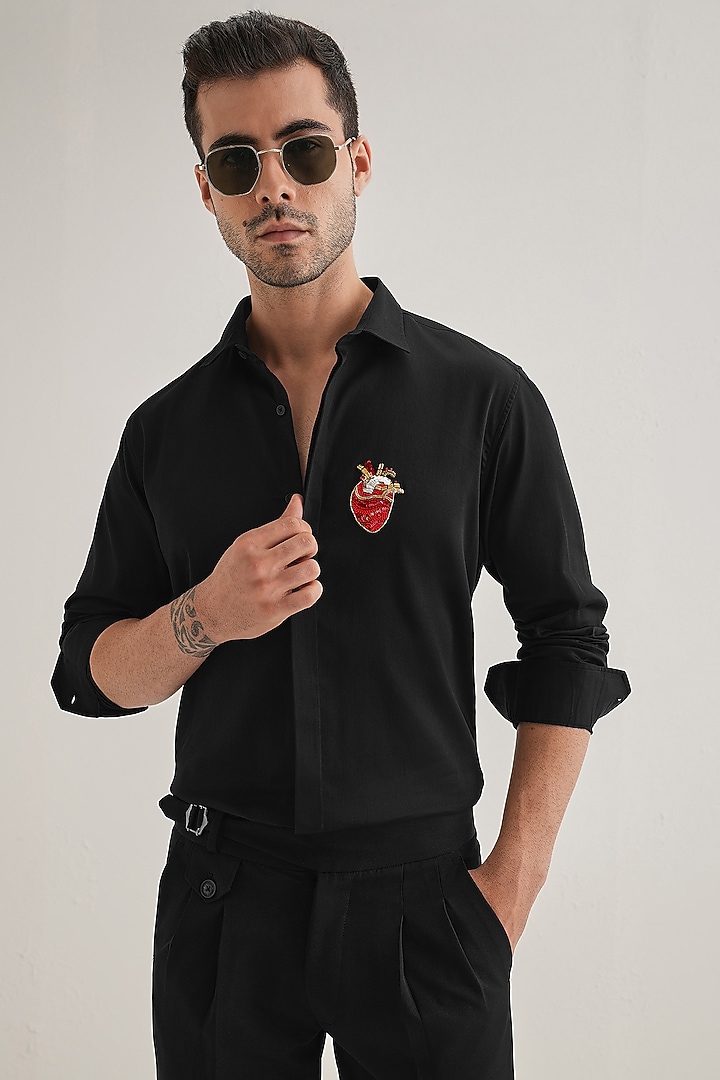 Black Cotton & Satin Hand Embroidered Party Wear Shirt by Komal Kothari at Pernia's Pop Up Shop