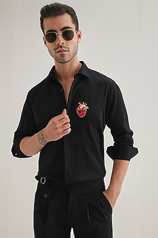 Black Cotton & Satin Hand Embroidered Shirt by Komal Kothari