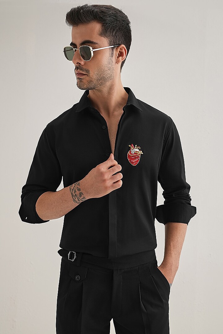 Black Cotton & Satin Hand Embroidered Party Wear Shirt by Komal Kothari at Pernia's Pop Up Shop