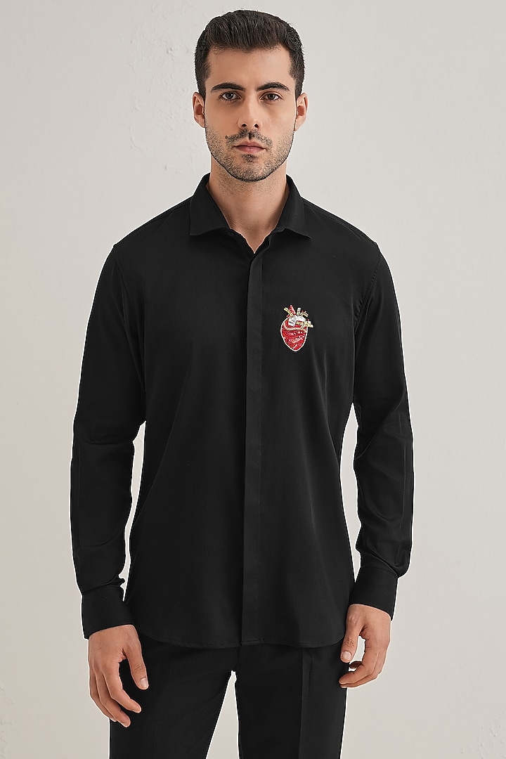 Black Cotton & Satin Hand Embroidered Party Wear Shirt by Komal Kothari at Pernia's Pop Up Shop