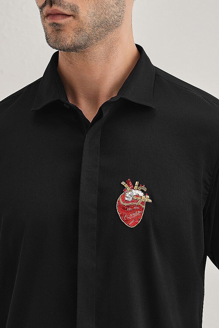 Black Cotton & Satin Hand Embroidered Party Wear Shirt by Komal Kothari at Pernia's Pop Up Shop