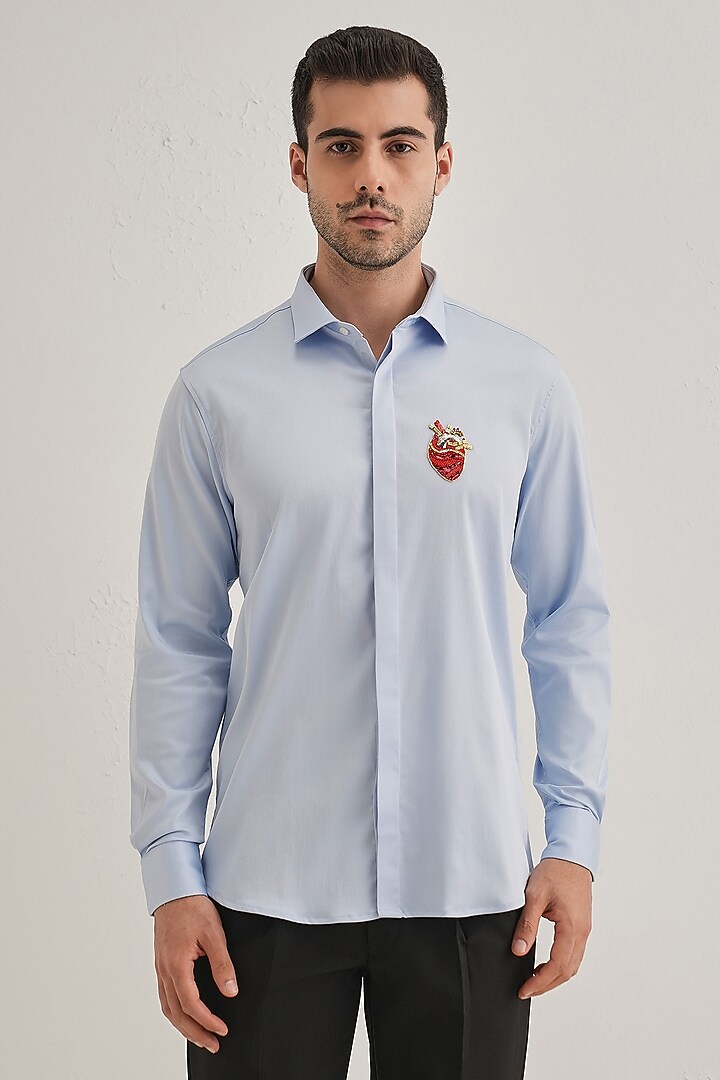 Powder Blue Cotton & Satin Hand Embroidered Party Wear Shirt by Komal Kothari at Pernia's Pop Up Shop