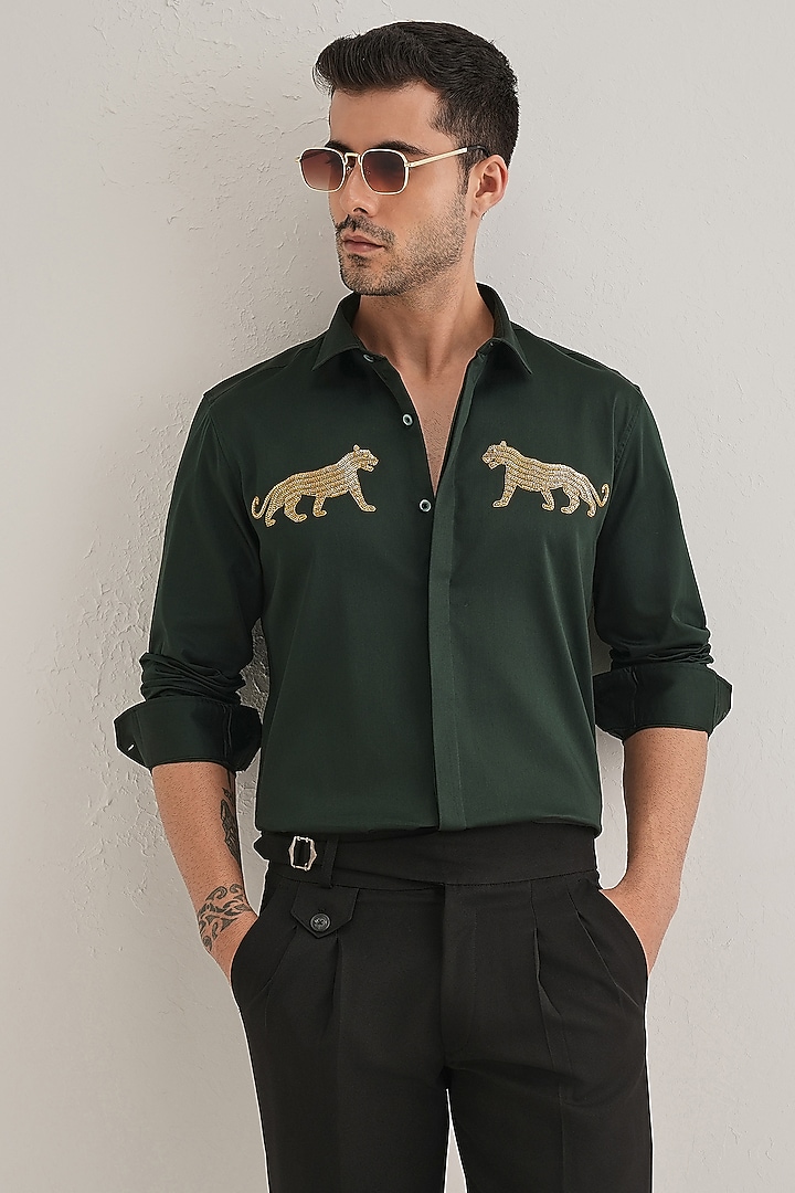 Bottle Green Cotton & Satin Hand Embroidered Party Wear Shirt by Komal Kothari at Pernia's Pop Up Shop