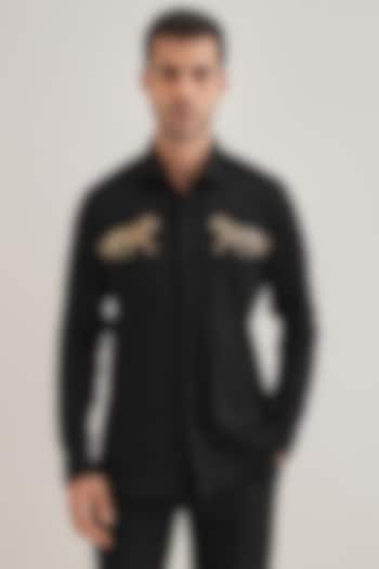 Black Cotton & Satin Hand Embroidered Party Wear Shirt by Komal Kothari at Pernia's Pop Up Shop