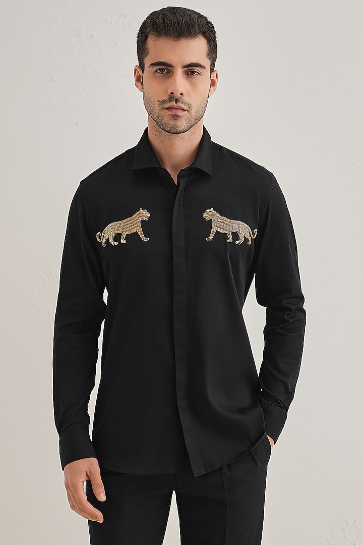 Black Cotton & Satin Hand Embroidered Party Wear Shirt by Komal Kothari at Pernia's Pop Up Shop