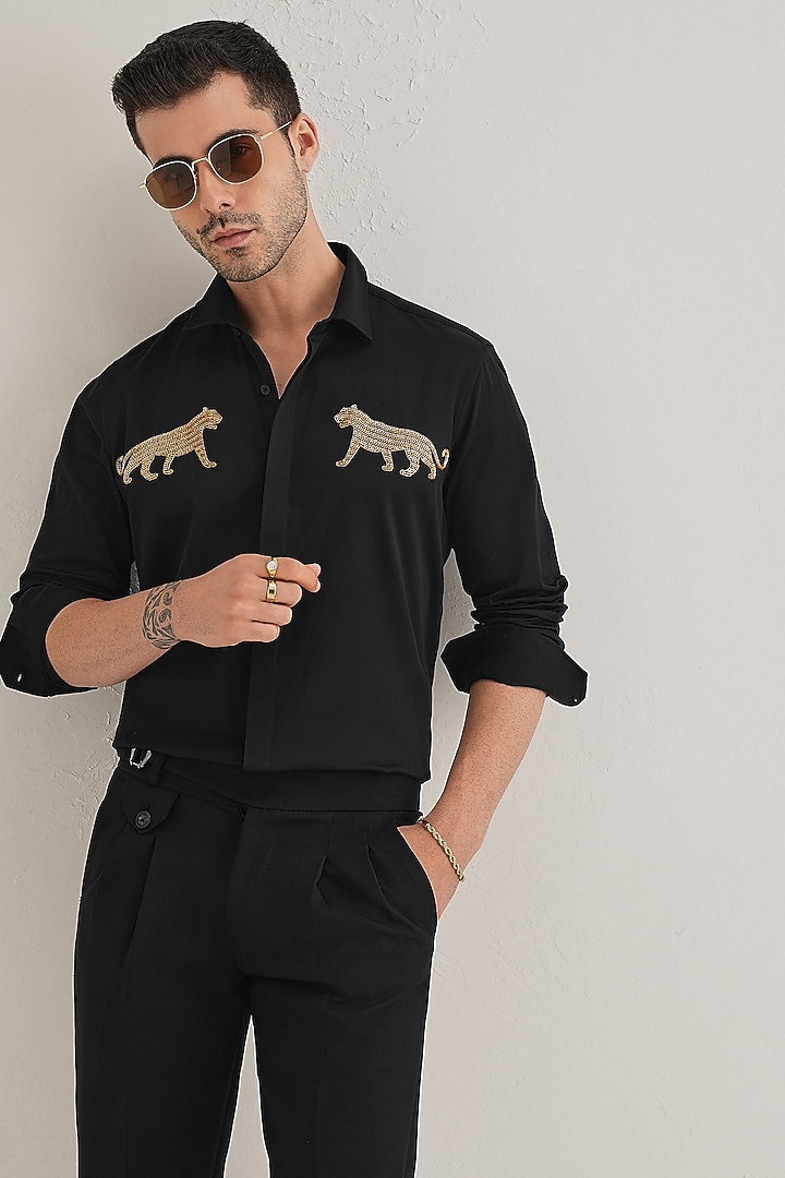 Black Cotton & Satin Hand Embroidered Party Wear Shirt by Komal Kothari at Pernia's Pop Up Shop