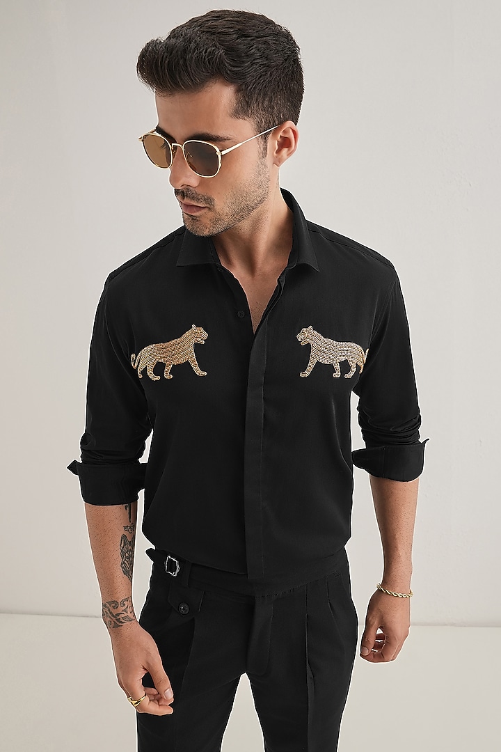 Black Cotton & Satin Hand Embroidered Party Wear Shirt by Komal Kothari at Pernia's Pop Up Shop