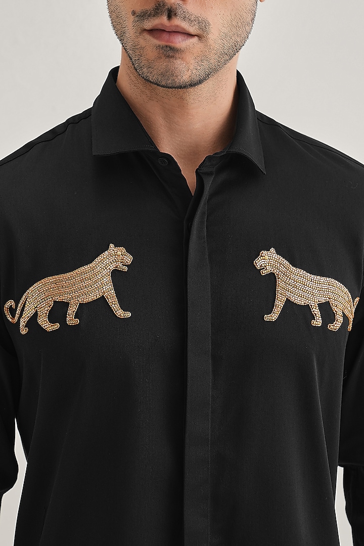 Black Cotton & Satin Hand Embroidered Party Wear Shirt by Komal Kothari at Pernia's Pop Up Shop