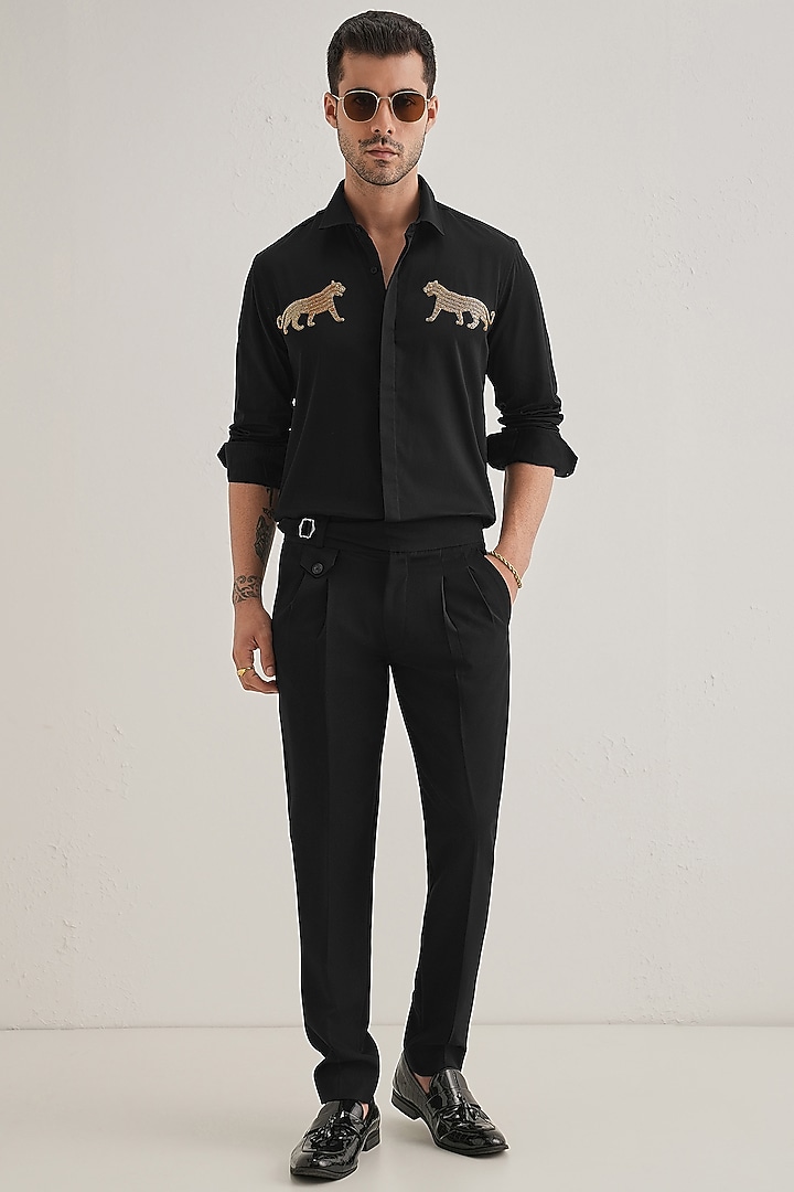 Black Cotton & Satin Hand Embroidered Party Wear Shirt by Komal Kothari at Pernia's Pop Up Shop