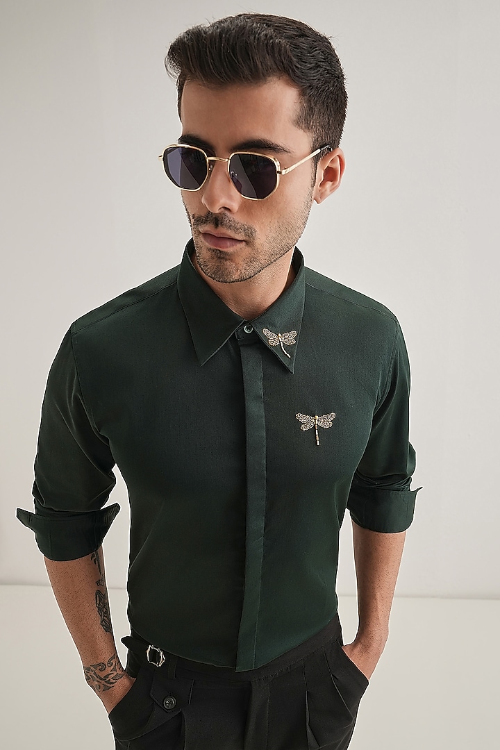 Bottle Green Cotton & Satin Hand Embroidered Party Wear Shirt by Komal Kothari at Pernia's Pop Up Shop